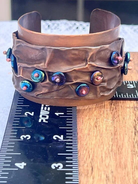 Stunning Handcrafted Beaded Copper Cuff Bracelet With Iridescent Glass Accents - Picture 5 of 6